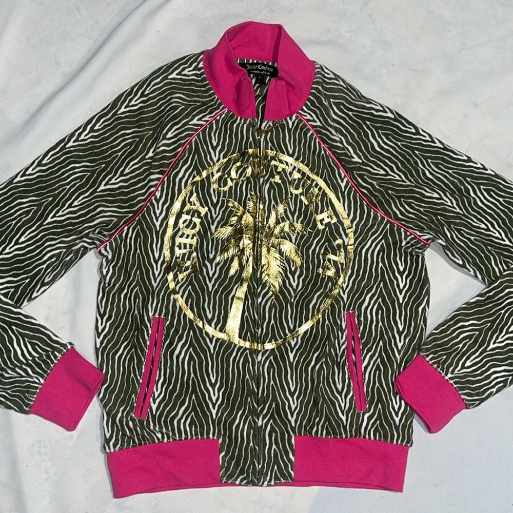 New JUICY COUTURE Vintage Pink Green Gold  Animal Print Zipper Hoodie S
